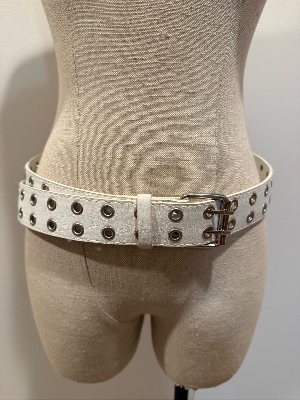 White Double-Row Grommet Belt with Dual-Prong Buckle